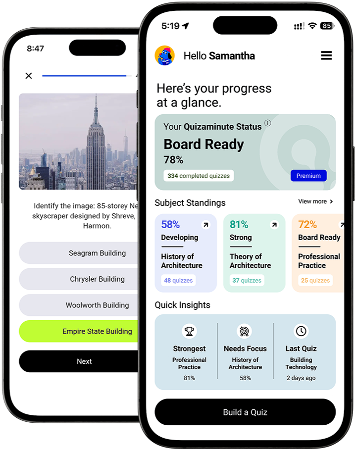 Quizaminute ALE reviewer app for architecture licensure exam practice Quizaminute ALE reviewer app practice question screen